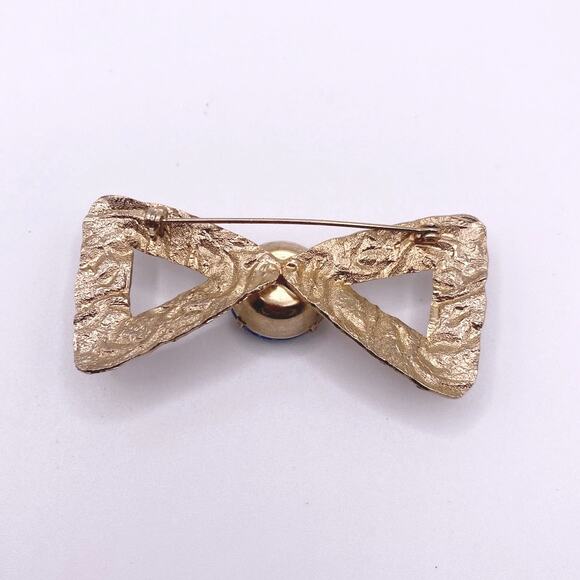 Vintage Brooch Bow with Bohemian Green and Blue Glass 2” long - Picture 7 of 8